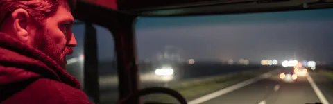 Vrachtwagenchauffeur rijdt in het donker met cabineverlichting